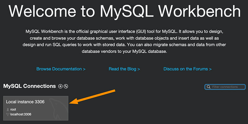 MySQL Workbench home screen